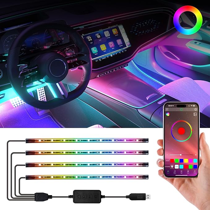 Smart Interior Car Lights,Car led Lights Interior with Rainbow Effect,8 Dynamic Music Mode,256 Lighting Effects and 16 Million Colors,Car Led Strip Lights Controlled by APP,12V