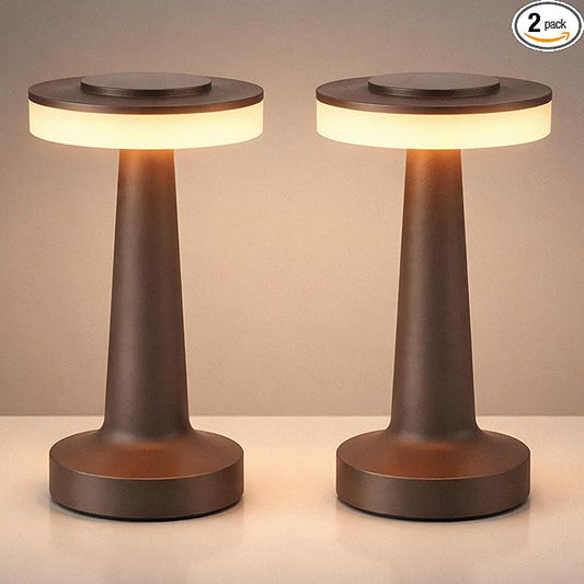 Riakrum 2 Pcs LED Portable Cordless Table Lamp with Touch Sensor 3 Color Stepless Dimming Rechargeable Battery up to 15 Hours Cordless Table Light Wireless Lamp for Nursery (Brown)