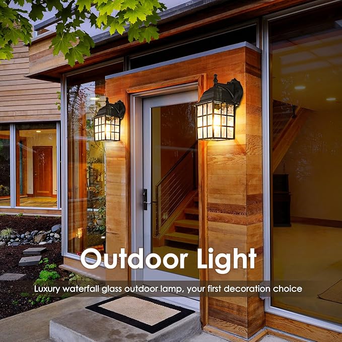 Brightever 2-Pack Dusk to Dawn Outdoor Wall Lantern, Exterior Light Fixtures with Photocell Sensor, Black Wall Light Waterproof, Waterfall Glass Outside Wall Sconce for Porch House Garage