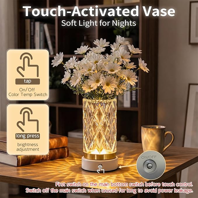 Crystal Table Lamp, Portable LED Bedside Lamp Touch Control, 3 Color Modes Dimmable, USB Rechargeable Night Light, Water Cup Design for Bedroom Living Room Home Decor