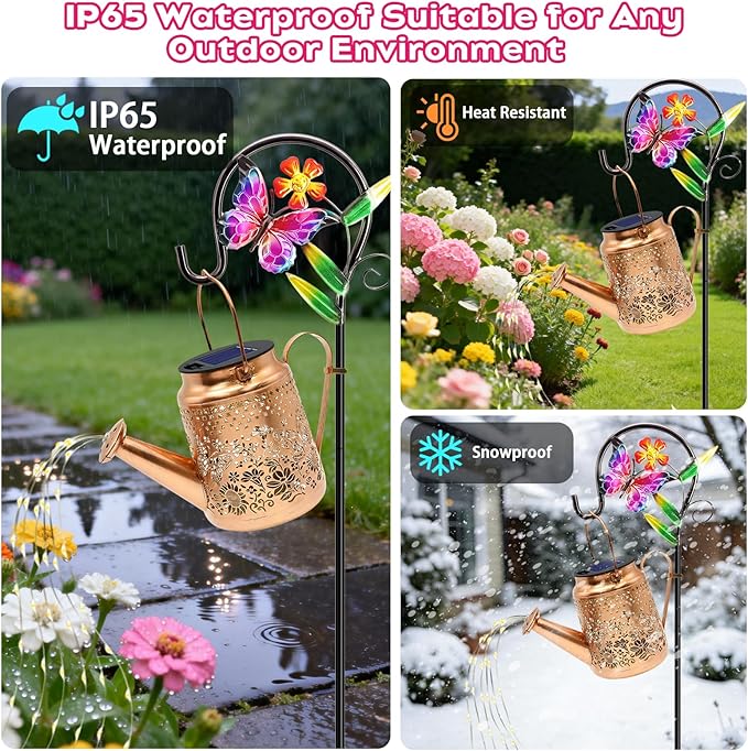 VOOKRY 2 Pack Butterfly Metal Solar Watering Can Lights, Solar Lights Outdoor Waterproof, Birthday Gifts for Women Mom Grandma, Hanging Lanterns Decorative Garden Decor for Outside Yard Patio Lawn