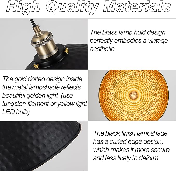 12" Industrial Black Gold Pendant Lights Vintage Dome Pendant Light Fixtures with Golden Finish Rustic Farmhouse Black Pendant Lights for Kitchen Island, Dining Room, Bedroom