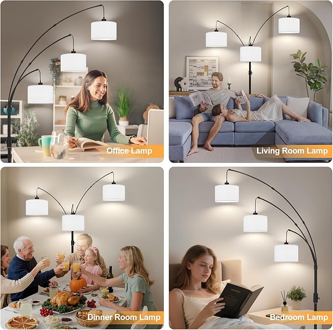 Dimmable Floor Lamp - 3 Lights Arc Floor Lamps for Living Room,Modern Tall Standing Tree Lamp with White Drum Linen Shade & Heavy Base,Mid Century Floor Lamp for Bedroom Corner Office,Bulbs Included