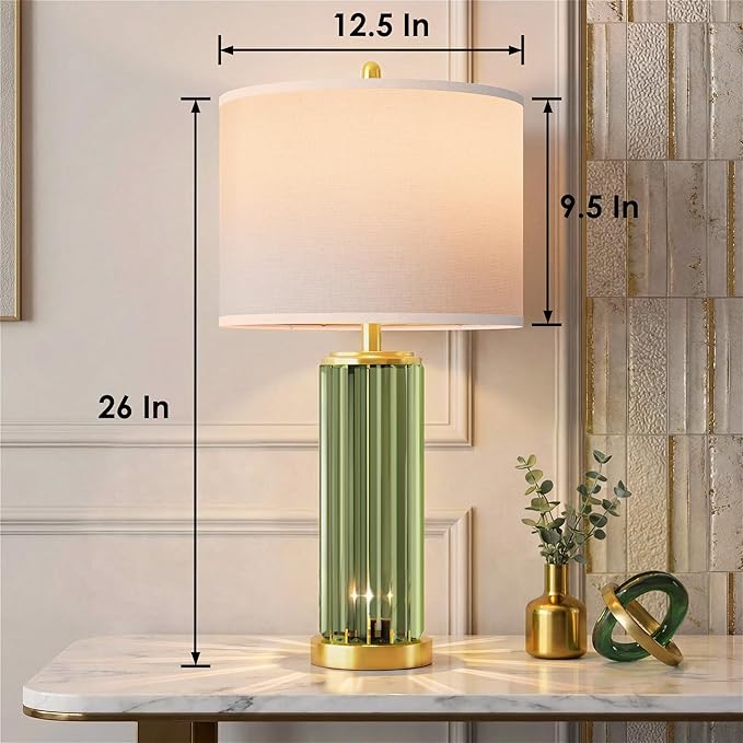 QiMH Gold Table Lamps for Bedroom Set of 2 with Nightlight, Modern Bedside Lamp with USB A+C Charging Port, Green Nightstand Lamp for Living Room White Shade, 2 Bulbs Included