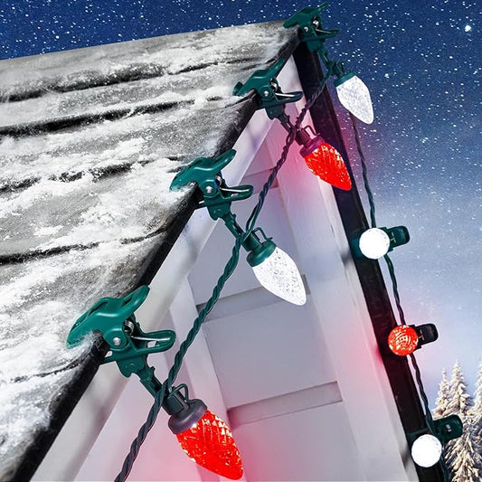 C9 LED Christmas Lights Outdoor, 68 Feet 100 LED Strawberry String Lights With 100 Spring Clamps, Waterproof Commercial Grade Extendable for Outside Roofline Patio Home Xmas Decoration, Red & White
