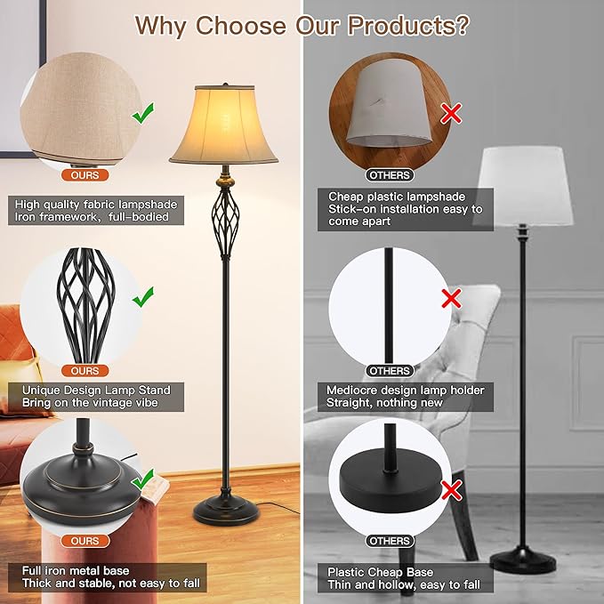 3 Pack Lamp Set, Living Room Lamp Set of 3, Floor and Table Lamp Set in Bronze Finish with Vintage Brown Fabric Shades for Bedroom Reading Family, Solid Iron