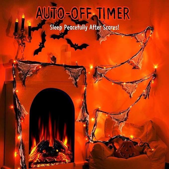 Halloween Lights Battery Operated or USB, Creepy Cloth String Lights with Timer Waterproof 9.8ft 30LED Orange String Lights Halloween Decortions for Fireplace Window Door Mirror