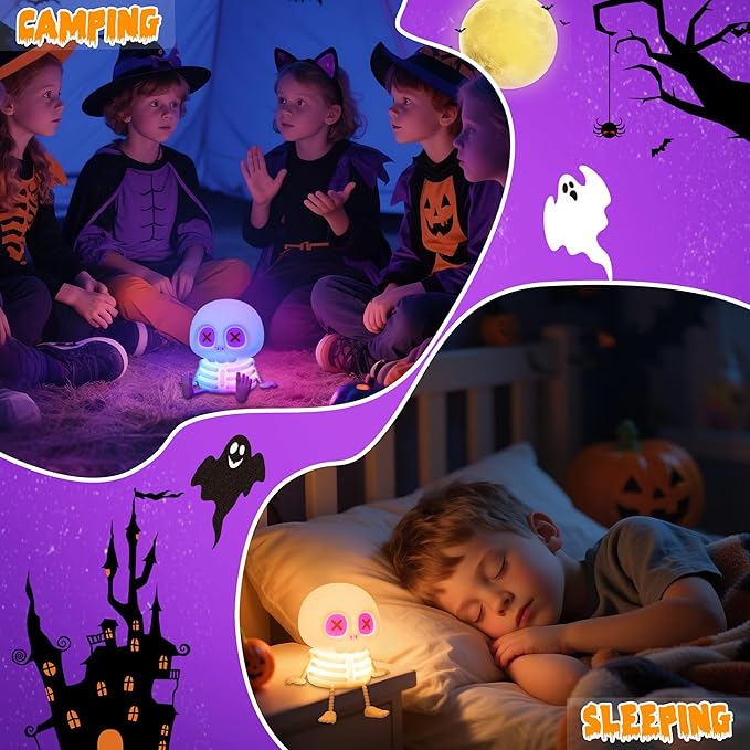 Skull Night Light, Cute Silicone LED Skeleton Lamp, Color Changing & Dimmable Helloween Room Decor, Squishy Cordless Rechargeable Nightlight, Bedside Light for Christmas Halloween Gifts