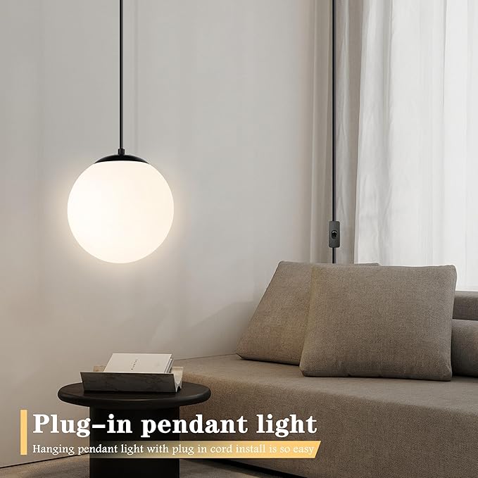 KoKo&Yukina 10" Globe Pendant Light Black Plug in Pendant Light Adjustable Hanging Lights with Plug in Cord Matte Black Finished with Milk Glass Lampshade for Bedroom Kitchen Island（Bulb Included）
