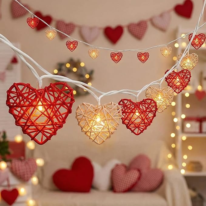 8.5ft Valentine’s Day Heart String Lights Plug in, Vintage Rattan Lights with 10 LED Red Pink Shatterproof Bulbs, Fairy Lights for Indoor Outdoor Home Decor Wedding Party Birthday, Warm White