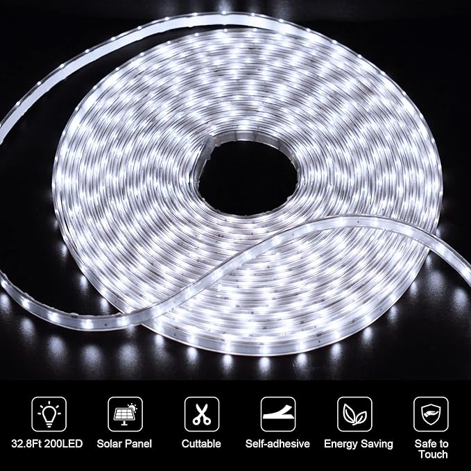 echosari 32.8Ft Solar Strip Lights Outdoor, IP68 Fully Waterproof LED Strip Lights with Timer Remote Auto ON/Off, Self-Adhesive Lights Strip for Camping Pool Deck Patio Decor (Cool White)