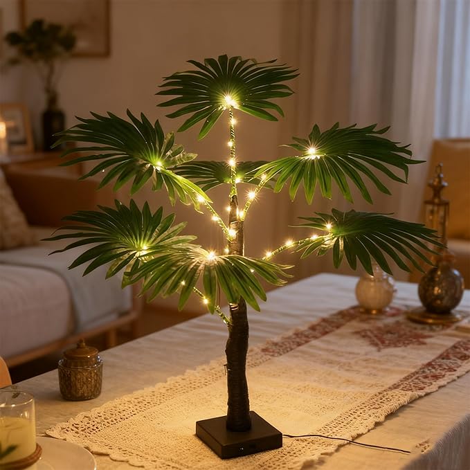 LED Artificial Palm Tree Lights Decorative Table Lamps 3xAA Battery or USB Powered for Summer Party Poolside Indoor Home Fireplace Bedroom Office Decor(23.6Inch/60CM)
