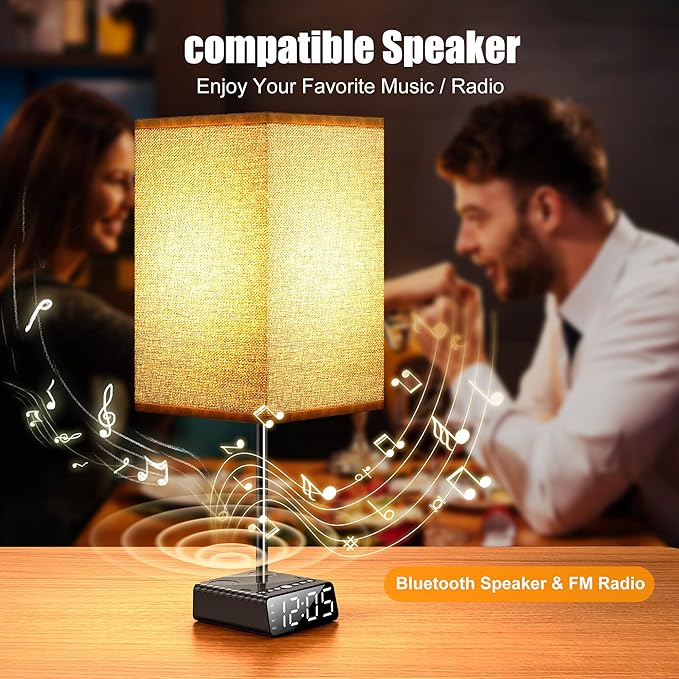 Yostyle Table Lamp with Alarm Clock Base, Bedside Lamp,2 USB & 1 AC Power Outlets, FM Radio & Speaker 6Ft Extension Cord - Square Black Fabric Lampshade,Touch Control Ideal for Bedrooms Living Rooms