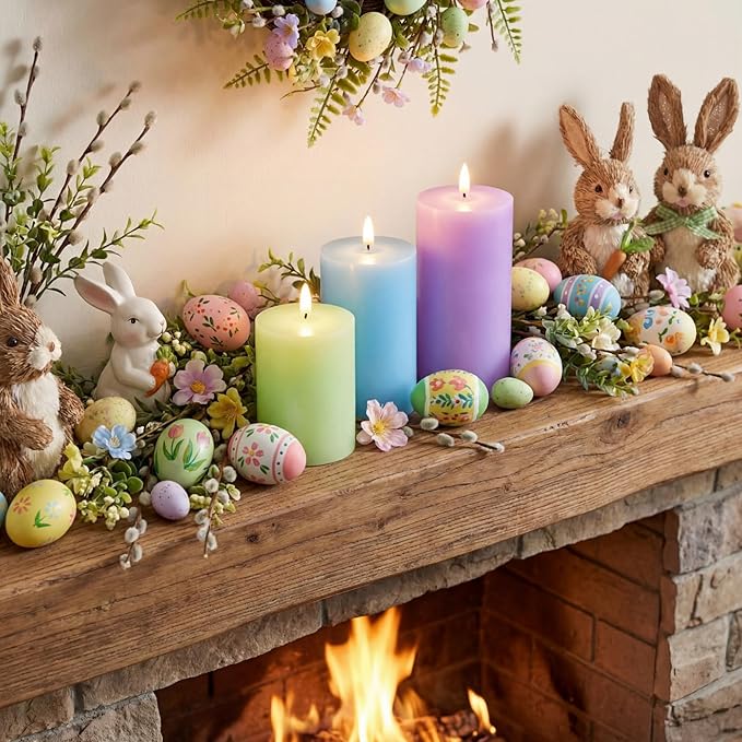 3 Pcs Easter Flameless Candles Battery Operated LED Flickering Pillar Candles with Remote Real Wax Pastel Spring Table Decor for Easter Party Wedding Table Centerpiece Home Decorations