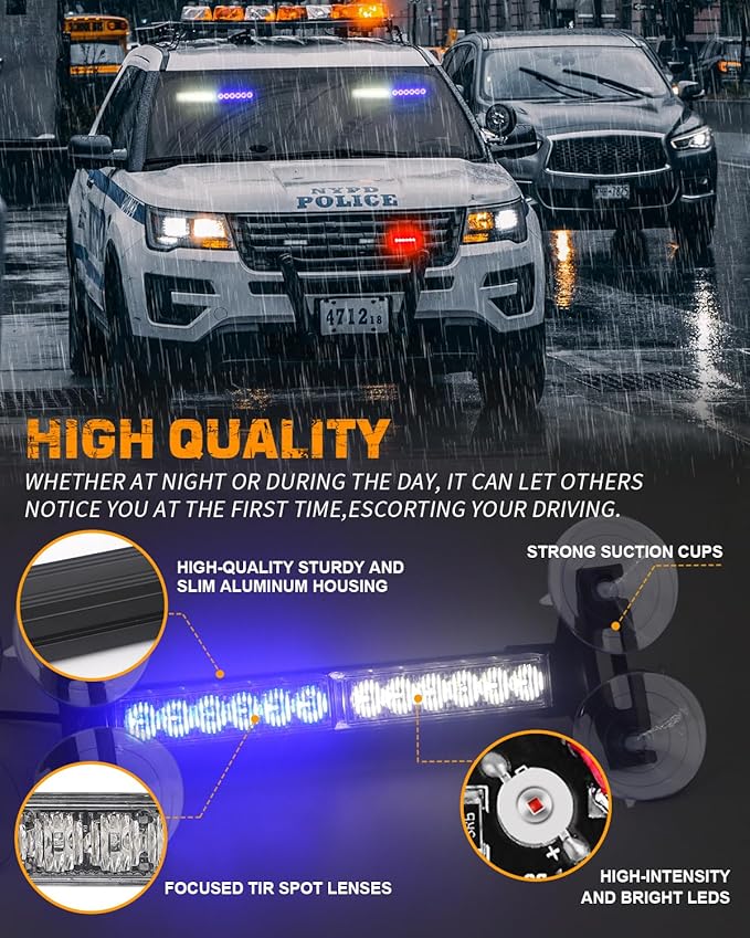 XRIDONSEN 2x 10.7 inch Blue White Emergency Lights 24 LED Warning Flashing Safety Side Window Front/Rear Windshield Strobe Lights Grill Surface Mount for Police Firefighter Ambulance Vehicles Trucks
