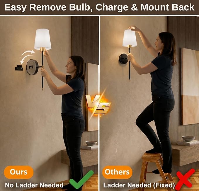 Wall Sconces Battery Operated Set of 2, Rechargeable Wall Sconce, 10 Colors Wireless Wall Sconces Set of Two, 5200mAh Dimmable Bulbs and Remote, for Bedroom Living Room, Hallway Decor (Gold - 24 inch)
