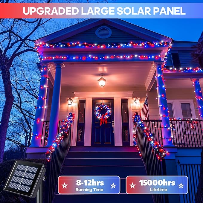 JMEXSUSS 2 Pack Solar String Lights Outdoor Waterproof, Total 400 LED 151FT Solar Christmas Lights Outdoor, 8 Modes Christmas Light for Outside Patio Yard Tree Decorations, Red White and Blue