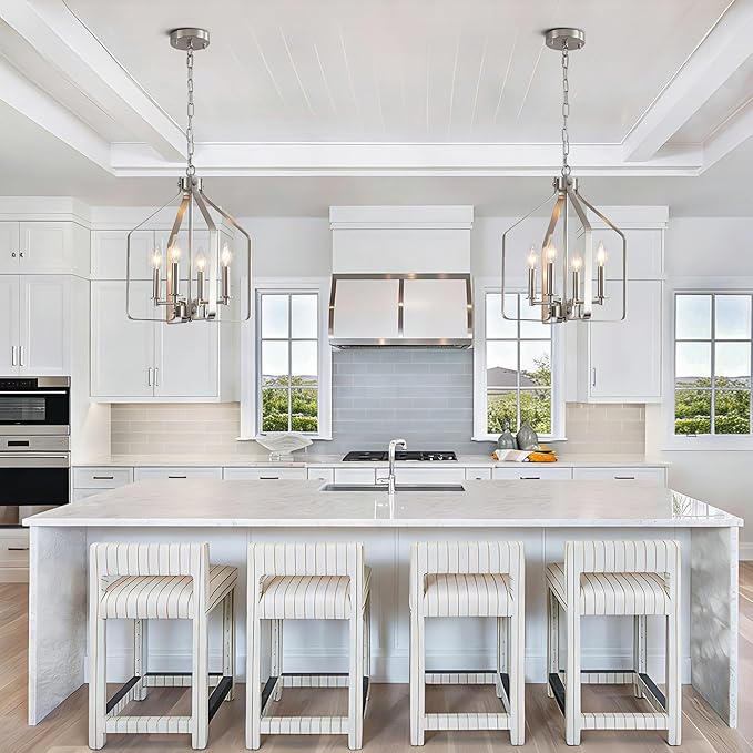 4-Light Brushed Nickel Chandelier, Geometric Farmhouse Cage Pendant Light, Adjustable Industrial Rustic Fixture for Dining Room, Kitchen Island, Entryway & Bedroom