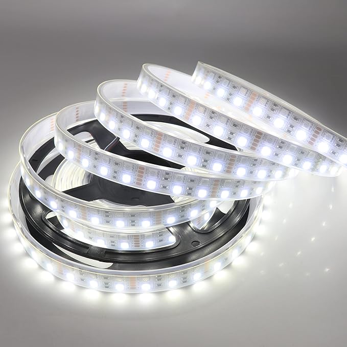 Waterproof RGBW LED Strip Lights Double Row 600LEDs SMD 5050 16.4ft Flexible Strip Lighting DC 12V RGB+Cold White Multi-Colored LED Tape Lights Waterproof IP67 Outdoor Use for Home Décor