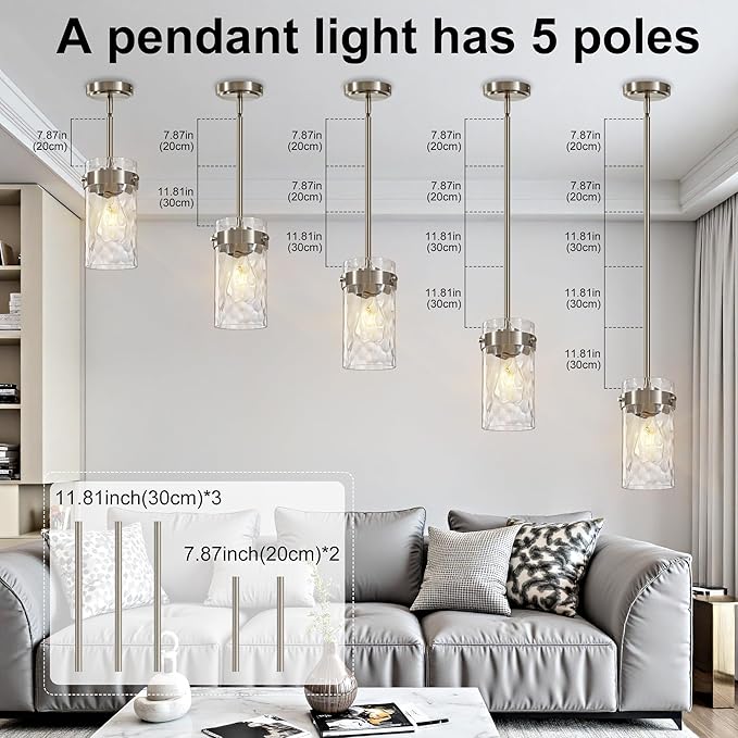 4.72" Hammered Glass Pendant Lighting for Kitchen Island 2 Pack, Modern Brushed Nickel Pendant Light Fixtures, Adjustable Ceiling Pendant Light for Kitchen Island Dining Room Bedroom Hallway