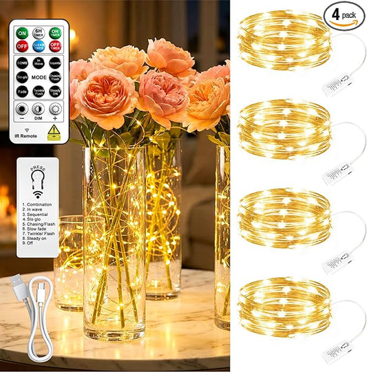 4 Pack Rechargeable Fairy Lights with Remote & DIY Timer, 7ft 20LED Dimmable Silver Wire String Light for Mason Jar, Mini Twinkle Lights for Indoor Christmas Bedroom Wedding Decor, Warm White