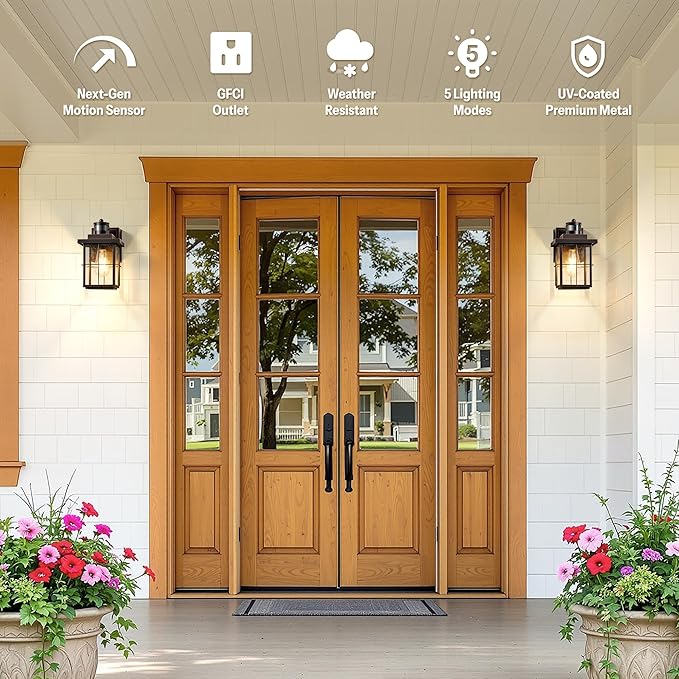 Gleamz Motion Sensor Front Porch Light with Outlet, Oil Rubbed Bronze Outdoor Light with GFCI Outlet, Exterior Sconce Light with Adjust Sensitivity, Garage Lights Wall Lantern for Coach, Balcony, Home