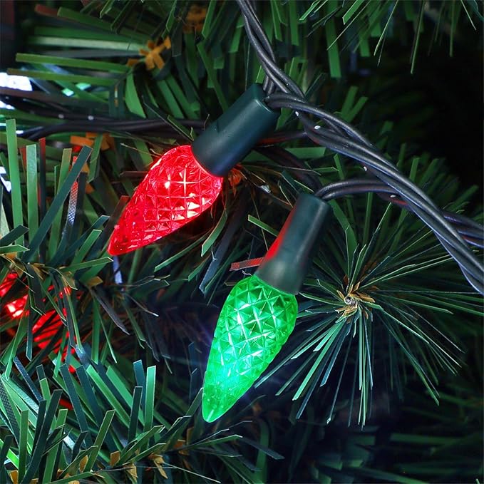 WATERGLIDE C6 Christmas Lights, 33ft 100 LED Faceted String Lights Green Wire Fairy Lights with Safe Adaptor, 8 Lighting Mode, Waterproof for Indoor Outdoor Patio Xmas Tree Party Decor, Red & Green