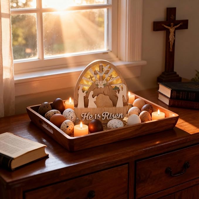 Valery Madelyn Easter Decorations with LED Light, Lighted Empty Tomb Scene and Cross Decoration, Wooden Christian Easter Decor Resurrection Scene for Home Table Shelf, 8.0 inch