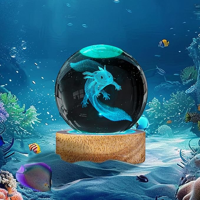 3D Crystal Ball Night Light with 16 Colors - Unique 60mm Axolotl Figurine Glass Ball Lamp with Remote - Cool Axolotl Toy, Room, Desk Decor - Birthday & Christmas Gifts for Boys, Girls, Kids & Friends