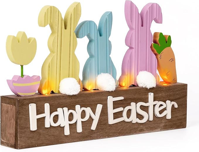 Valery Madelyn Easter Decorations, Wooden Easter Decor for Table with LED Lights, Lighted Bunny Decorations for the Home Decor Shelf Tiered Tray Living Room, 12 Inch, Pink Blue
