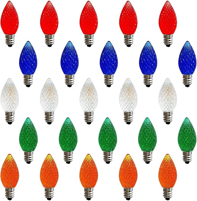 25 Pack C7 LED Christmas Light Bulbs, Dimmable Multicolor Diamond-Cut Transparent Replacement Light Bulbs, UL Listed Holiday Lights with E12 Candelabra Base for Indoor Outdoor Decorations