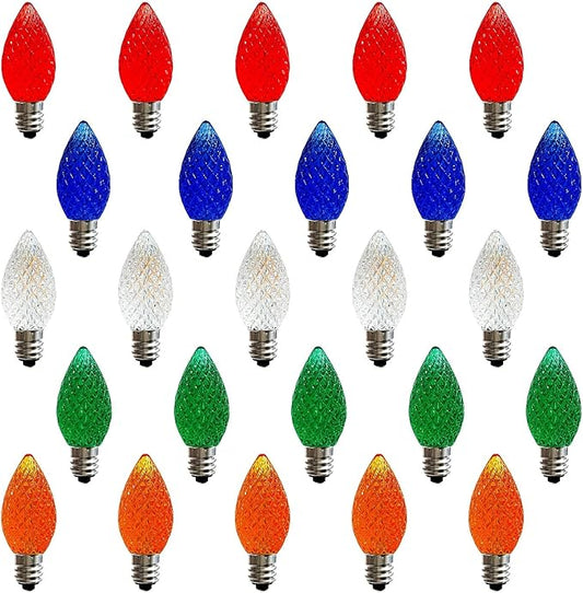 25 Pack C7 LED Christmas Light Bulbs, Dimmable Multicolor Diamond-Cut Transparent Replacement Light Bulbs, UL Listed Holiday Lights with E12 Candelabra Base for Indoor Outdoor Decorations