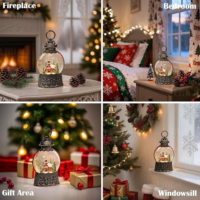 Christmas Snow Globes Church Snow Globe Lantern, Lighted Christmas Decorations Indoor for Home with Music Timer Glitter, Nativity Musical Festival Gifts, USB & Battery Operated 10.6 inch