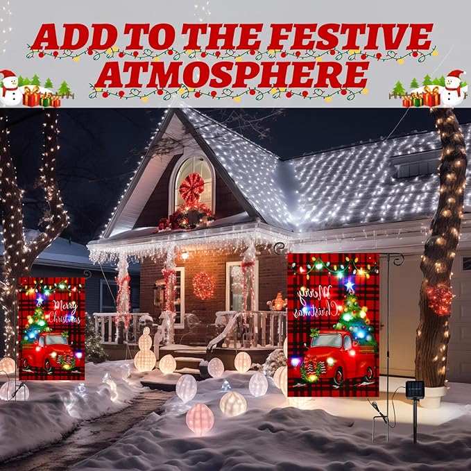 VIHOSE Merry Christmas Lighted Garden Flag 8 Modes Solar Red Truck Christmas Garden Flag LED Double Sided Xmas Tree Red and Black Checkered Yard Banner for Outdoor Lawn Decoration