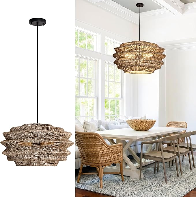 19.7" Rattan Pendant Light,Hand-Woven Rustic Wicker Hanging Light Seagrass Ceiling Chandelier,Water Plants Rattan Chandelier for Dining Living Bedroom Kitchen Farmhouse