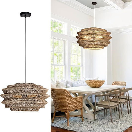19.7" Rattan Pendant Light,Hand-Woven Rustic Wicker Hanging Light Seagrass Ceiling Chandelier,Water Plants Rattan Chandelier for Dining Living Bedroom Kitchen Farmhouse