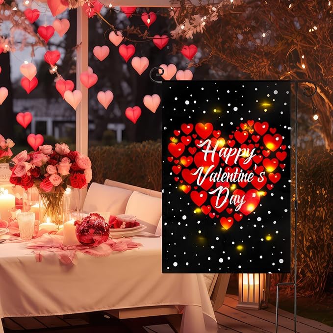 VIHOSE Valentine Garden Flag, 12 x 18 Inch Double Sided Solar Powered LED Heart Flag with Lighting 8 Modes Happy Valentine Red Love Heart Yard Flags Outdoor Banner for Valentine's Day Decorations
