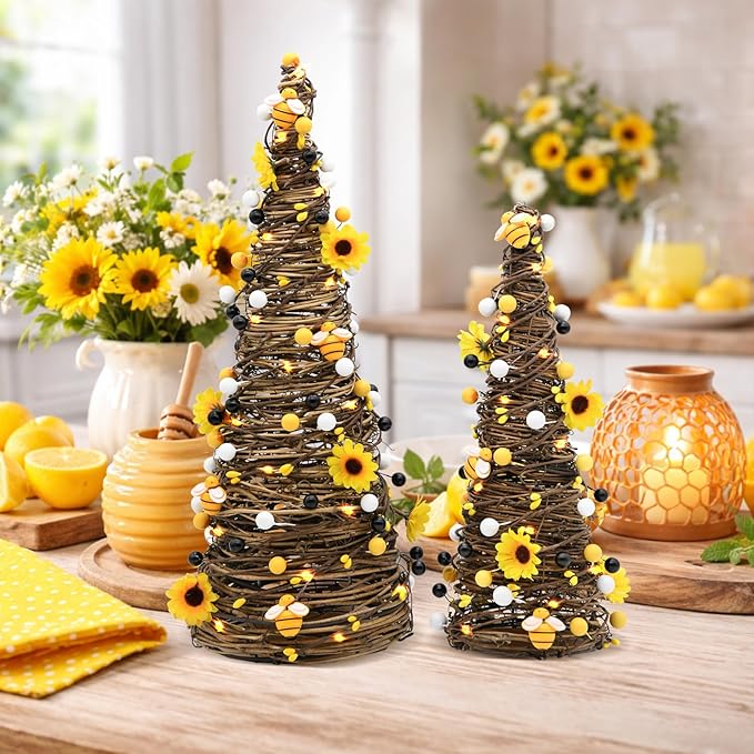 CRCZK Bee Rattan Table Trees with LEDs, Spring Summer Decorations for Home Rustic Farmhouse Bumble Bee Table Centerpiece Decor with Sunflowers Honey&Berries, Bees Kitchen Table Decor