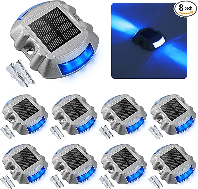 VOLISUN Solar Deck Lights Driveway Dock Lights, 8-Pack Led IP68 Waterproof Outdoor Warning Step Lights for Driveway Sidewalk Garden Pathway Yard (Blue, Auto On/Off
