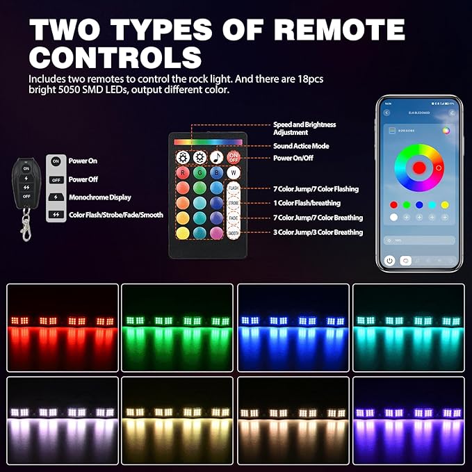 Nilight RGB LED Rock Lights Kit 10 PCS 18LED Wide Angle Wheel Well Light with Remote & Bluetooth App Dual Control Multi Modes Underglow Multicolor Neon Pod for ATV UTV SUV Offroad Truck RZR Boat