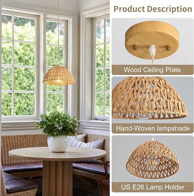 Farmhouse Wicker Pendant Light, 1-Light Boho Rattan Chandelier Light Fixture, Ceiling Hanging with Woven Lampshade, for Kitchen Bedroom Island Hallway, ETL Listed
