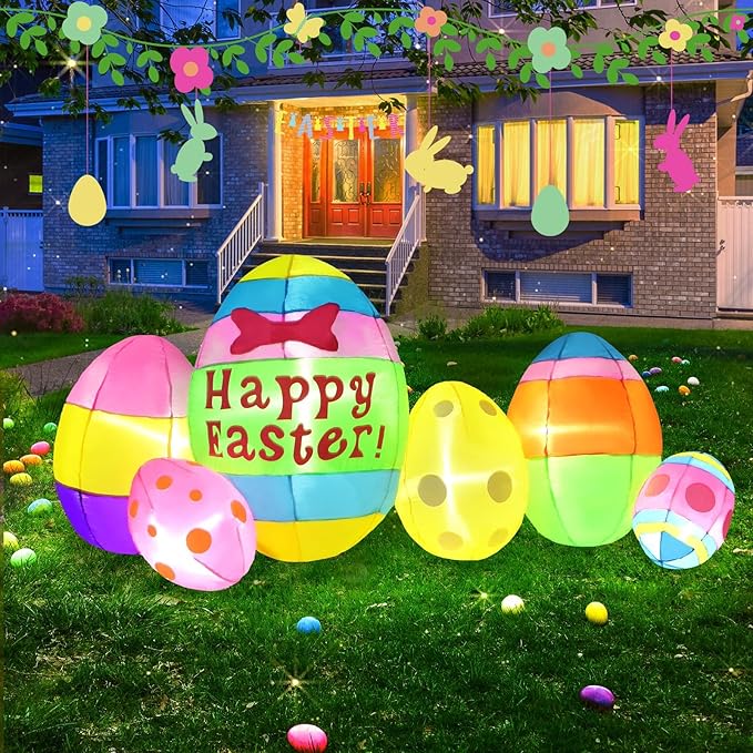 Gardentime 6 FT Long Easter Eggs Inflatable Decorations Outdoor Indoor Blow Up Colorful Easter Eggs Holiday Party Decor for Yard, Lawn, Garden, Patio