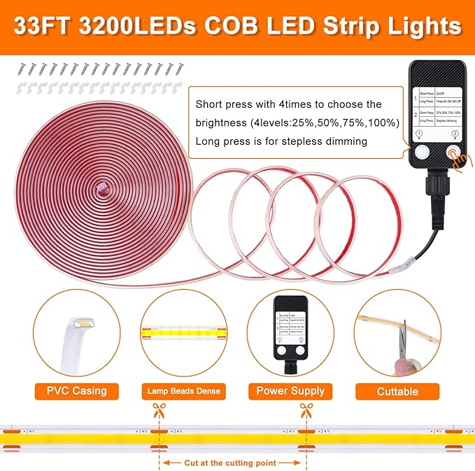 OMIKA 33FT 3200 LED COB LED Strip Lights Plug in Outdoor Waterproof, 2700K 24V Rope Lights Flexible with Self-Adhesive Timer Dimmable for House Garden Camping DIY
