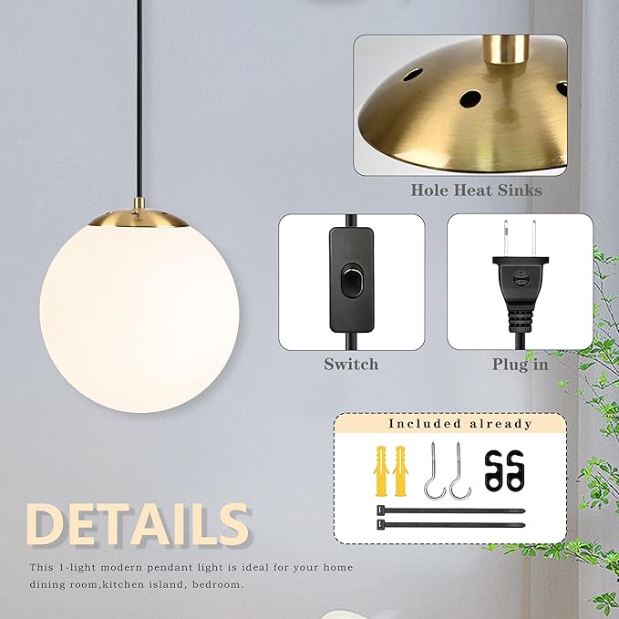 KoKo&Yukina 10" Globe Pendant Light Gold Plug in Pendant Light Adjustable Hanging Lights with Plug in Cord Brushed Gold Finished with Milk Glass Lampshade for Bedroom Kitchen Island（Bulb Included）