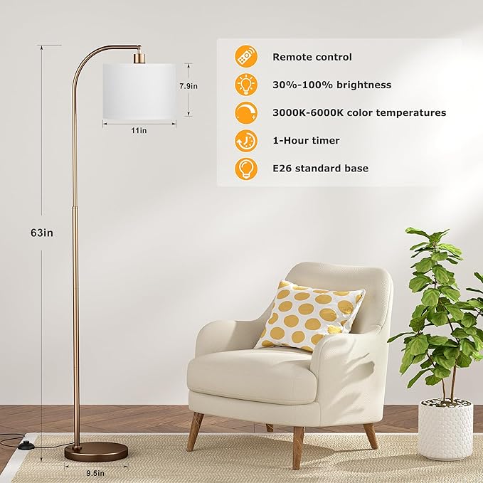 Ambimall Arc Floor Lamp with Remote and Stepless Dimmable Bulb, Colors Temperature & Brightness Adjustable, Floor Lamps for Living Room（White Shade & Brown Pole）