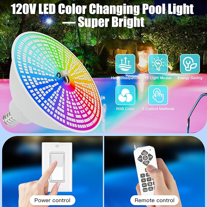 LED Pool Lights,Above Ground Pool 120V 35W RGB Color Changing Pool Light Bulb for Inground Pool,E26 Replacement Bulbs for 500W Pentair and Hayward Fixture with Remote Control-2Pack