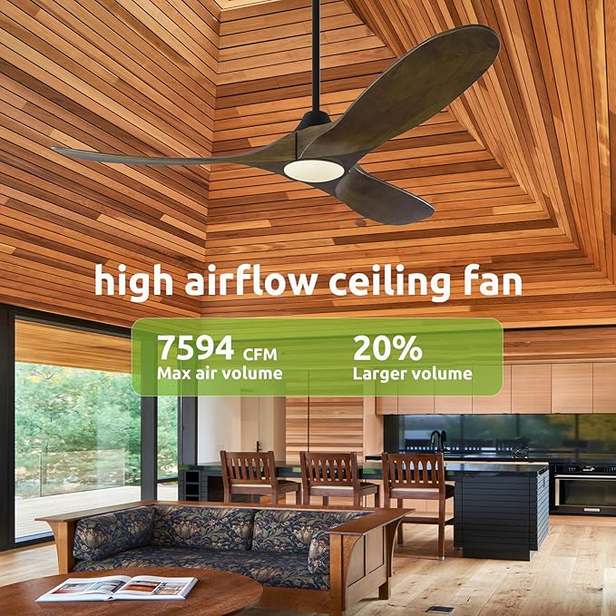 60 Inch Outdoor Ceiling Fans for Patios with Light, Smart Wood Ceiling Fan Alexa Wifi Control, Rustic Farmhouse 3 Blade Propeller Style, High CFM Quiet DC Motor, for Indoor Exterior, Black and Walnut