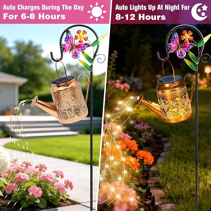 VOOKRY Solar Lights Outdoor Waterproof, Butterfly Retro Metal Solar Watering Can Lights, Birthday Gifts for Women Mom Grandma, Hanging Lantern Decorative Garden Decor for Outside Yard Lawn Patio