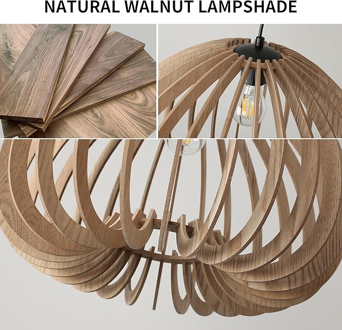 Vintage Wood Pendant Light Fixtures, Modern Farmhouse Walnut Dining Room Chandelier, Mid-Century Ceiling Mount Hanging Light Fixture for Kitchen, Bedroom, Living Room, Foyer, Art Decor, Black
