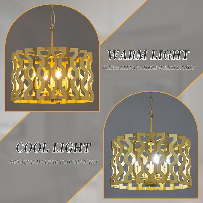 Wellmet Modern Chandelier Light,Gold Ceiling Light Fixture for Dining Room,4 Light Drum Farmhouse Geometric Pendant Light,Round Large Chandelier for Bedroom,Living Room,Cabin,Foyer,Kitchen Island 20"D